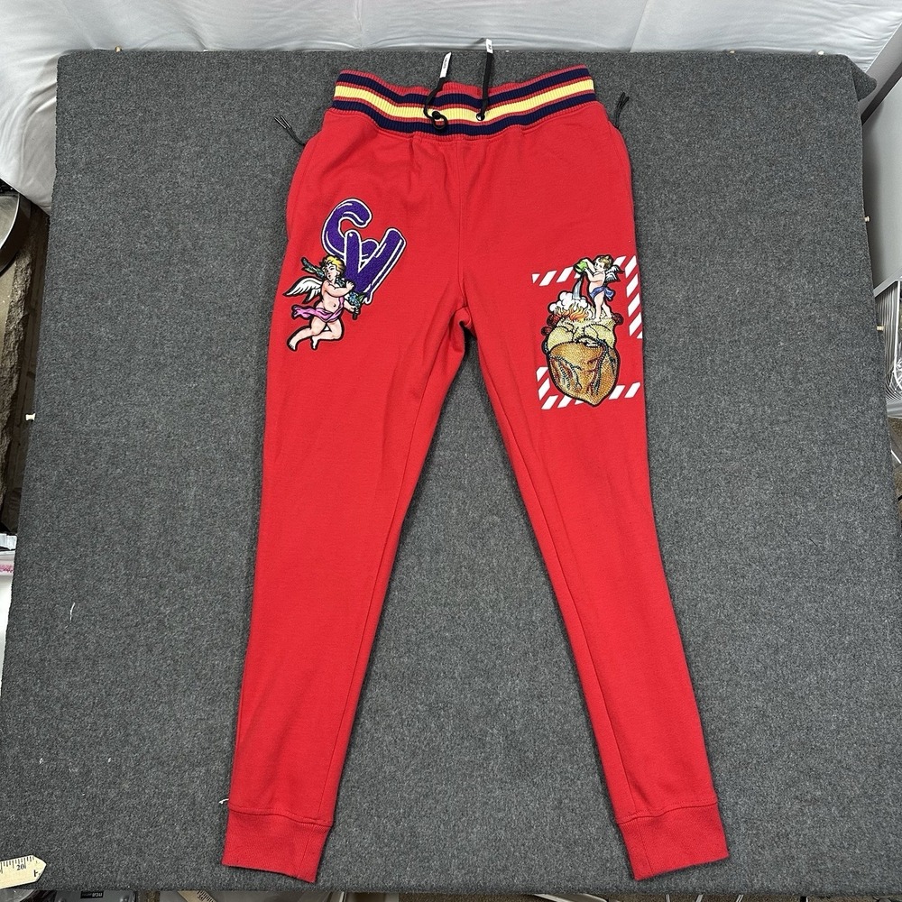 Civilized Red Joggers Rhinestone Heart Cherub Embroidered Sweatpants S